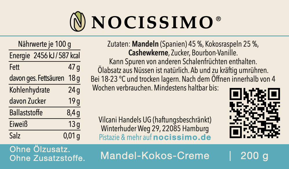 Rücketikett der Nocissimo Mandel-Kokos-Creme mit Zutatenliste, Nährwertangaben und Allergenhinweisen