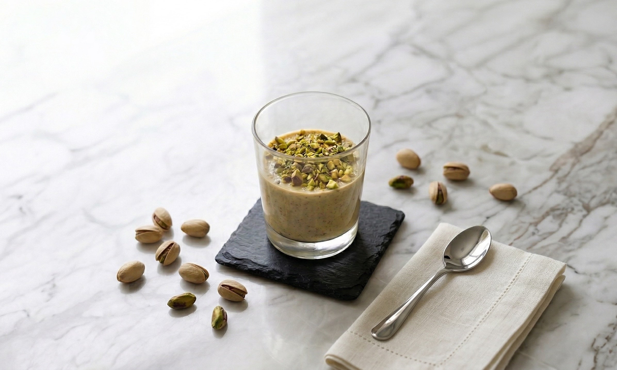 Pistazien-Panna Cotta mit Nocissimo Pistaziencreme nach unserem Rezept, serviert in einem Dessertglas und dekoriert mit fein gehackten Pistazien.
