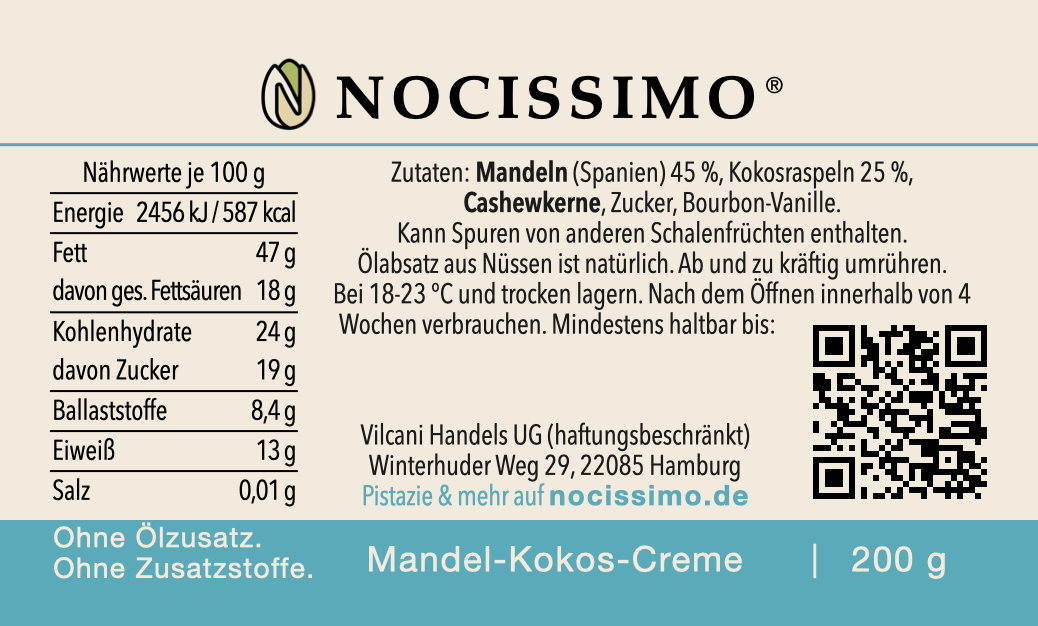 Rücketikett der Nocissimo Mandel-Kokos-Creme mit Zutatenliste, Nährwertangaben und Allergenhinweisen