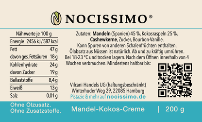 Rücketikett der Nocissimo Mandel-Kokos-Creme mit Zutatenliste, Nährwertangaben und Allergenhinweisen